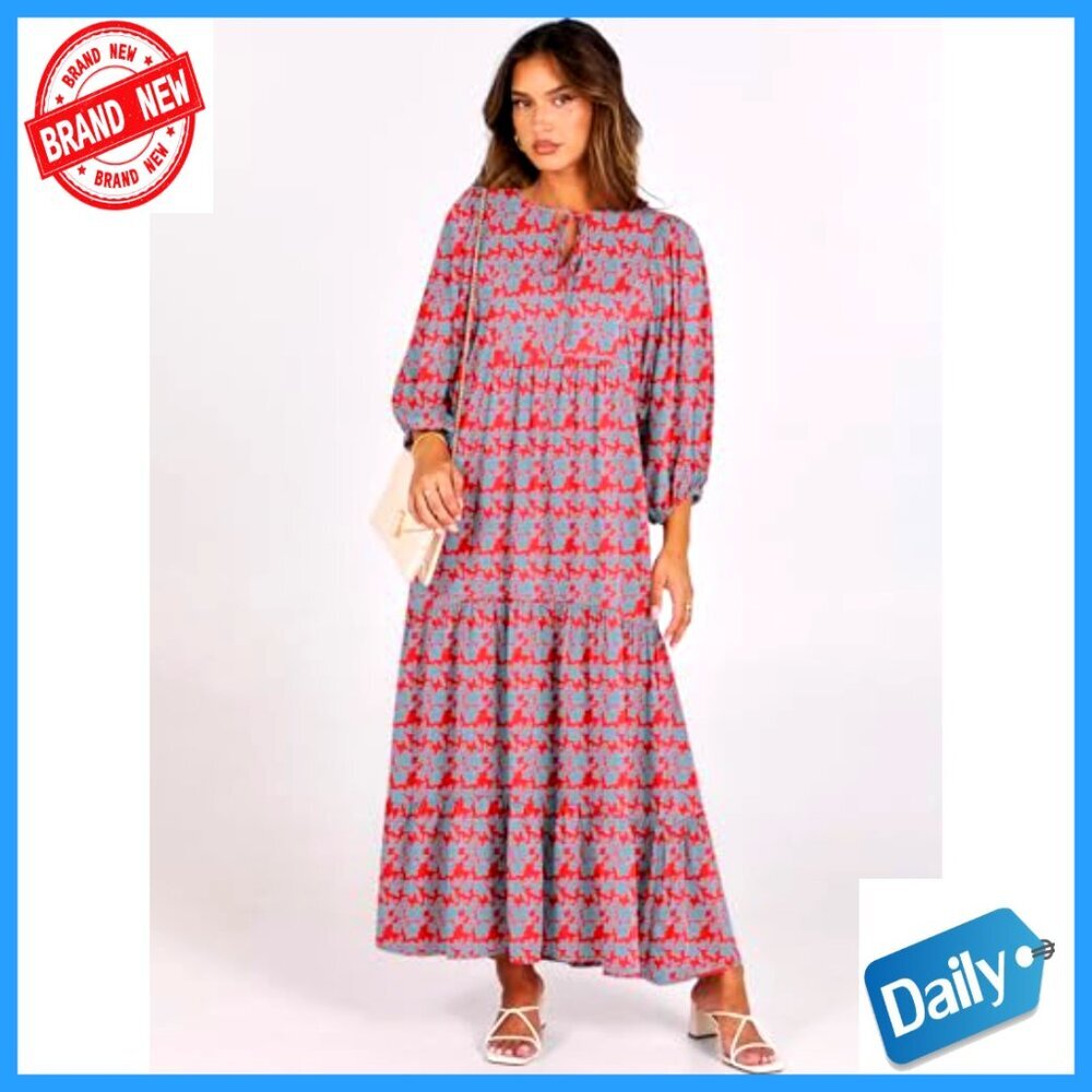 Boho Maxi Dress with Puff Sleeves, V-Neck, Flowy Swing Fit - Picture 6 of 7